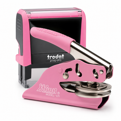 Neon Pink Self-Inking Notary Stamp & Pink Handheld Embosser Package